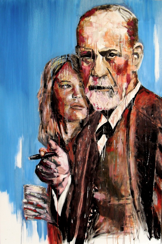 Freud & friend (Sigmund & Jennifer), par Stanmac. Huile sur panneau / Oil on board. 150 x 100 cm. 2015