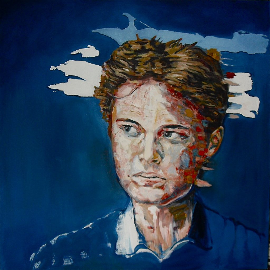 Portrait de Dorian, par Stanmac 2016. Visage sur fond bleu. Huile sur toile / Oil on canvas 100 cm x 100 cm (Collection particulière)