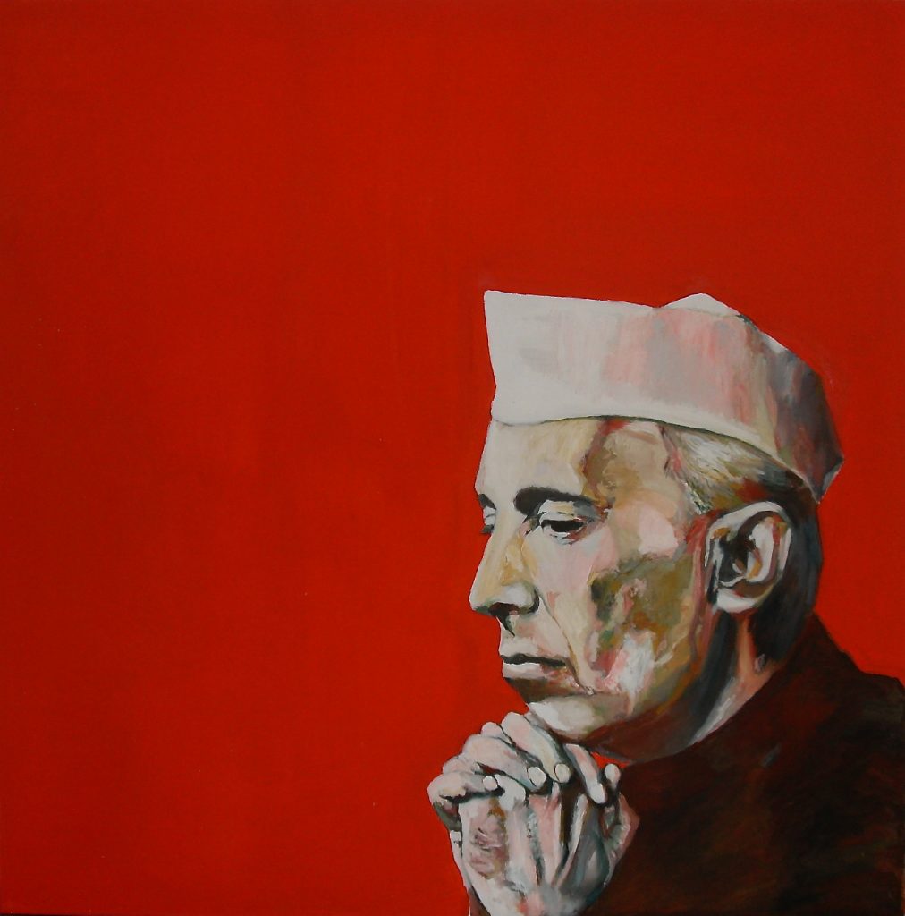 Portrait de Nehru. Huile sur toile/ Oil on canvas. 100 cm x 100 cm par Stanmac. 2015