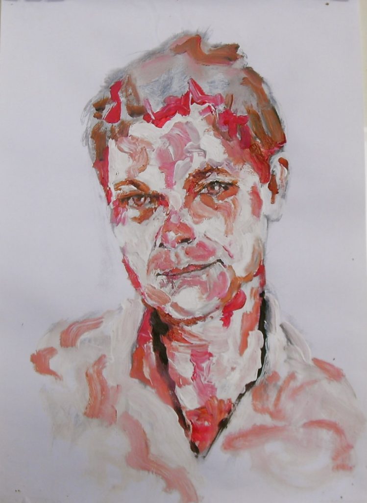 Selfie 1. Acrylique sur papier/acrylique on paper. 42x29,5 cm, par Stanmac 2016. Autoportrait rouge et blanc.