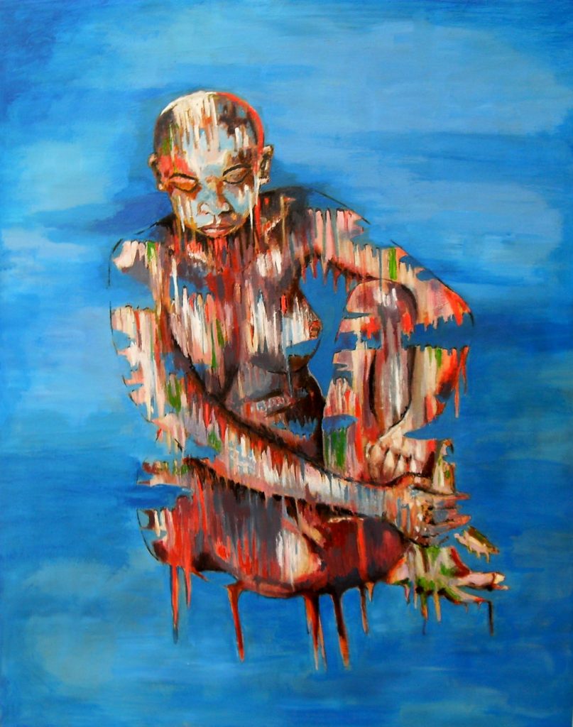 Portrait d'Africaine assise sur fond bleu. Acrylique sur toile, par Stanmac 2017.