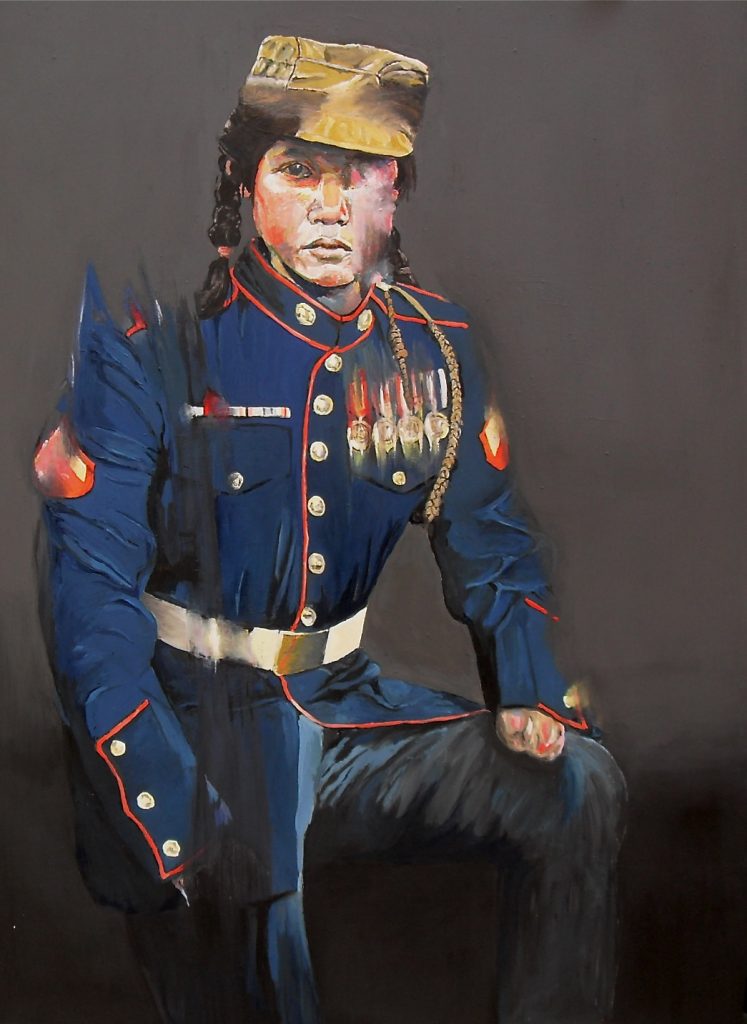 Portrait peinture (portrait painting) d'une jeune militaire/guerillera au moignon, huile sur papier par Stanmac 2017