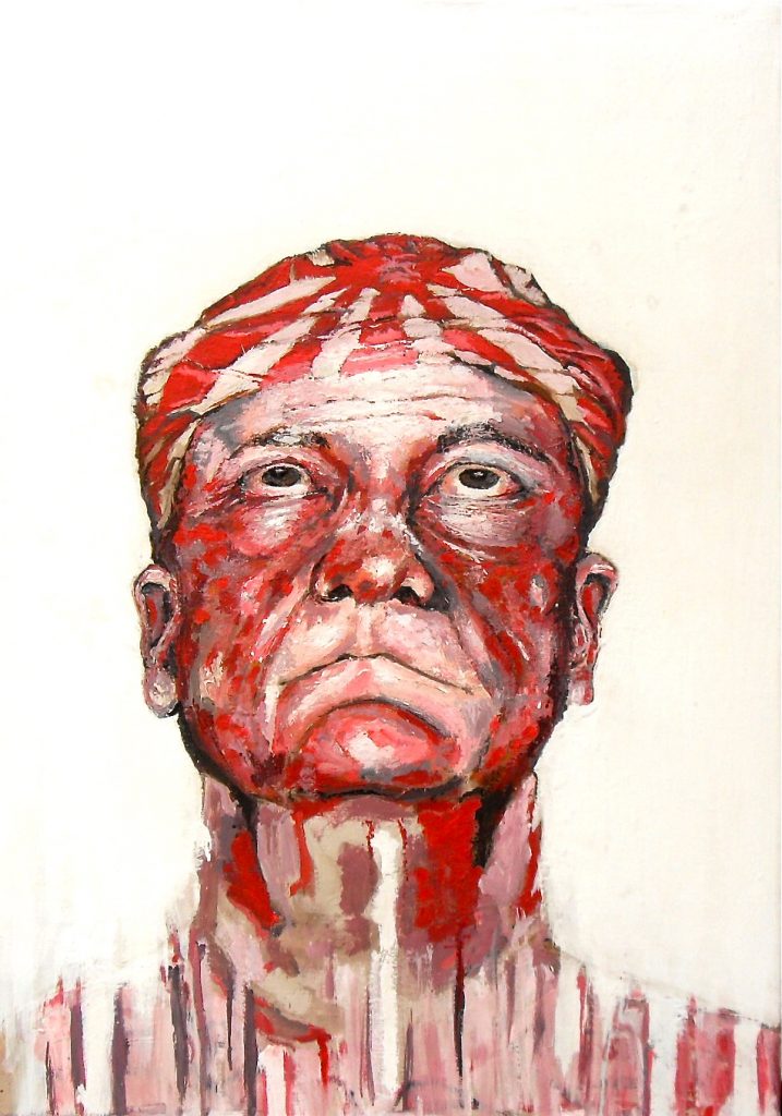 Peinture acrylique. Portrait d'un vieil homme en kamikaze, avec foulard du soleil levant sur la tête, par Stanmac, 2017.