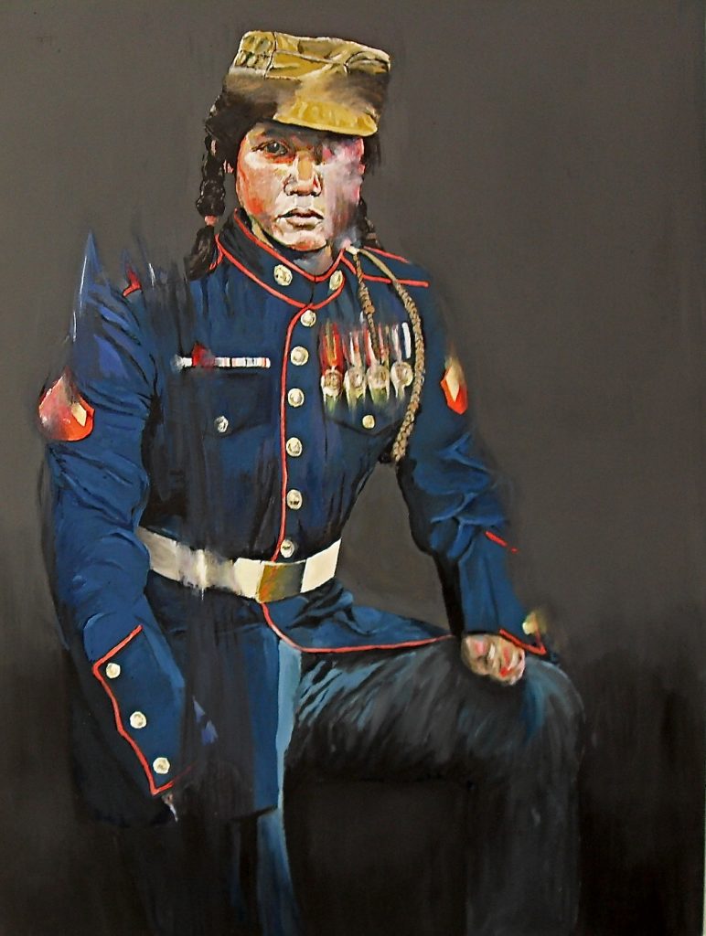 Portrait peinture acrylique d'une jeune femme amérindienne ou asiatique en uniforme de gala de l'armée américaine avec une main coupée, par Stanmac, 2017.
