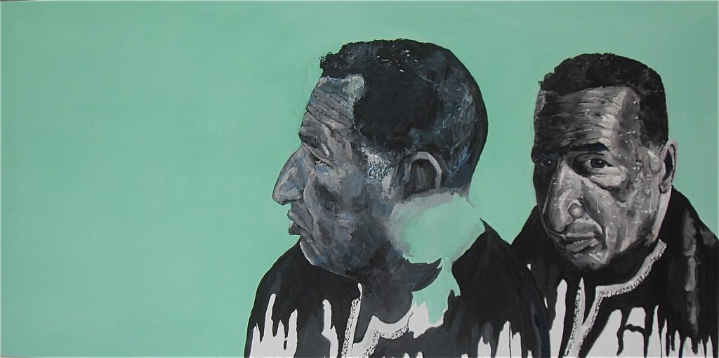 Deux portraits à l'huile sur toile de Mustapha Chaouche. Trois quart face et profil sur fond vert. 76 x 152 cm