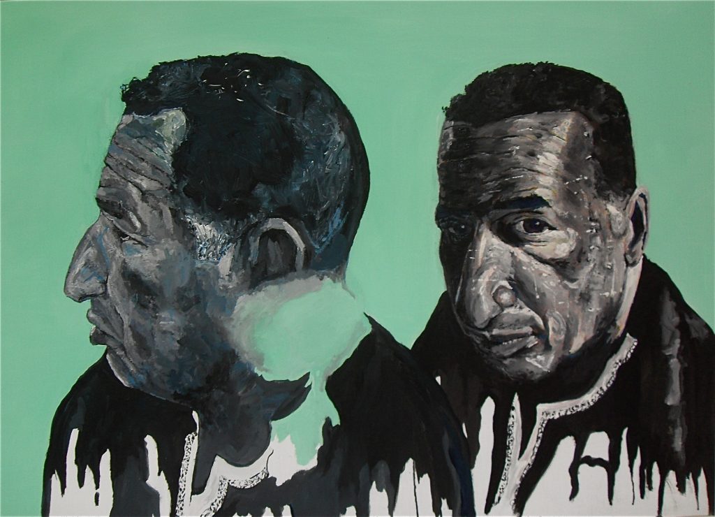 Deux portraits à l'huile sur toile de Mustapha Chaouche. Trois quart face et profil sur fond vert. 76 x 152 cm
