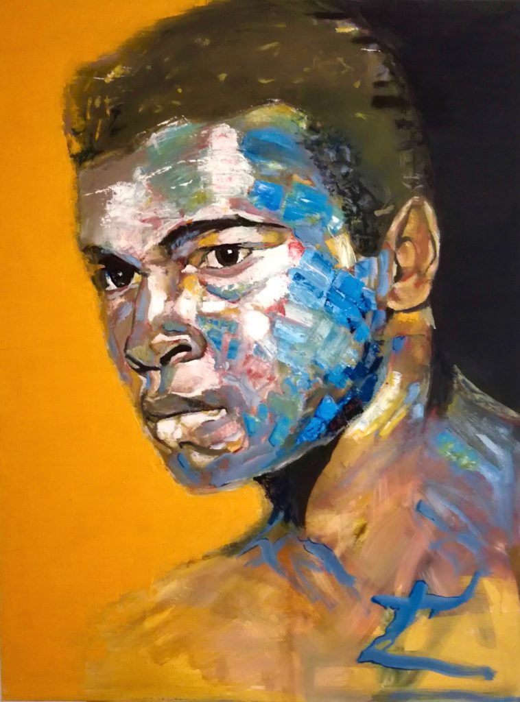 Portrait de Mohamed Ali aka Cassius Clay en bleu sur fond jaune. Peinture à l'huile / Oil painting / 80 x 60 cm