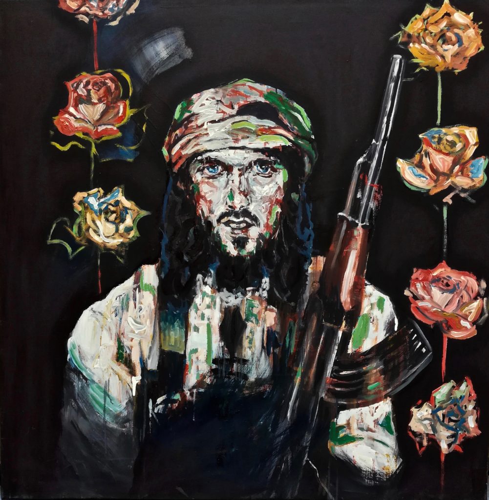 Portrait peint de Jésus en djihadiste armé encadré par des roses. Par Stanmac aka Stanislas de Haldat 2016