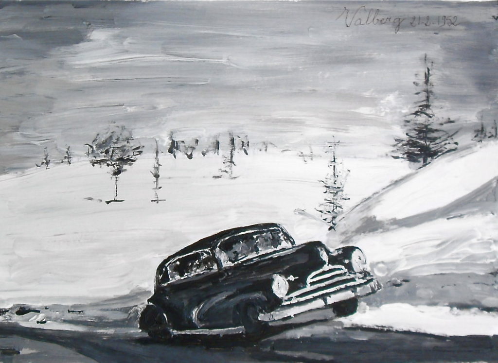 Peinture d'une voiture noire dans la neige. Années 50. Black car early fifties in the snow.