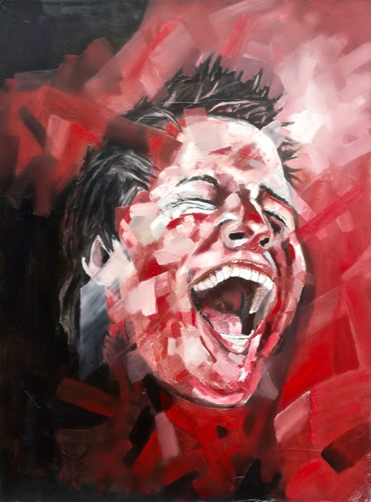 Deuxième portrait d'Andy riant. Couleurs rouge, peinture acrylique, par Stanmac. 2014-2018