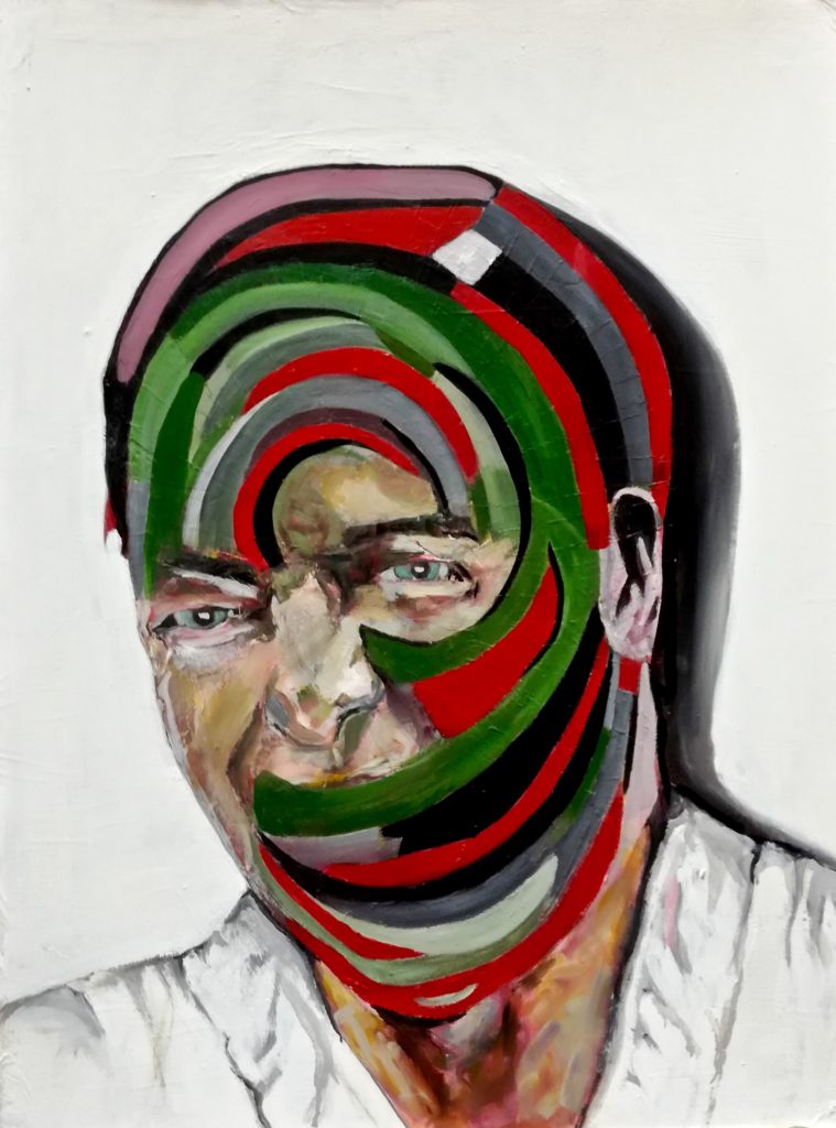 Portrait peint de Marcus. Semi-caché par un masque rouge et vert. Par Stanmac 2014-2018