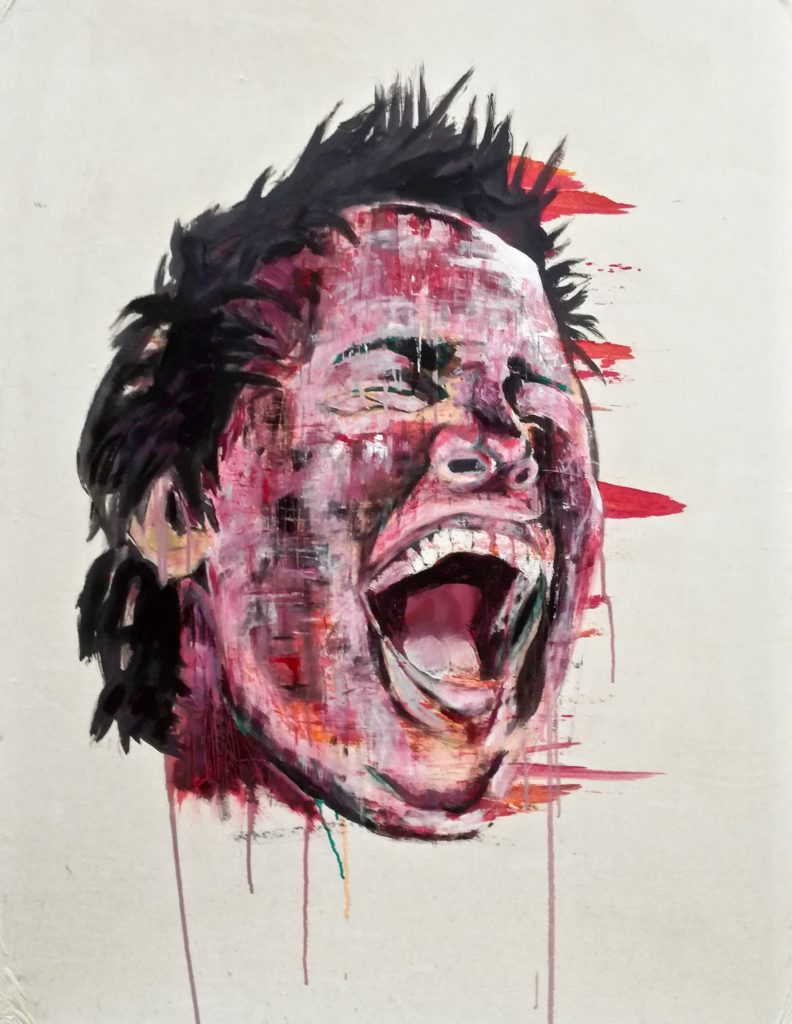 Andy III. Portrait peint d'un jeune homme riant ou hurlant couleurs rouge, pourpre, rose, orange, par Stanmac 2014-2018