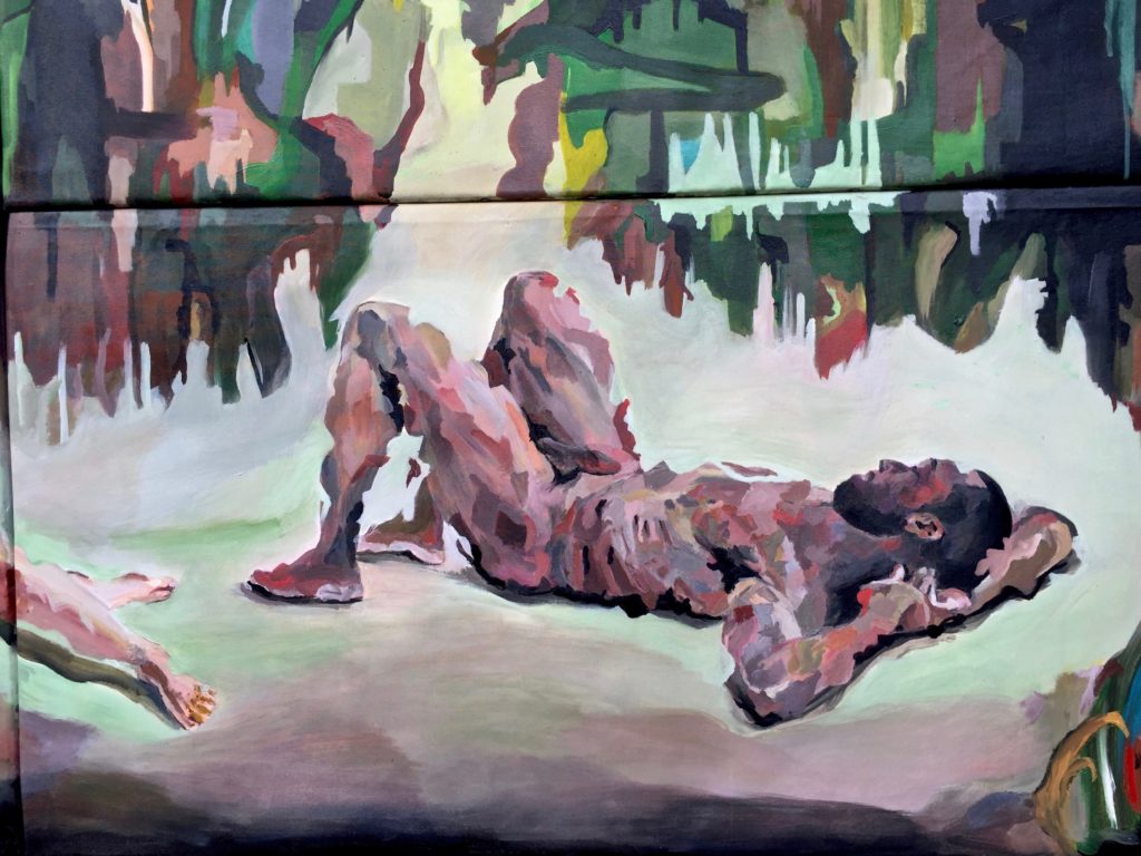Eden. Détail. Tableau en plusieurs parties. Homme nu allongé avec un bout de décor de forêt.